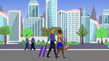 İnsanlar yürüyor, çizgi film karikatürleri dağılıyor, seyahat teması...