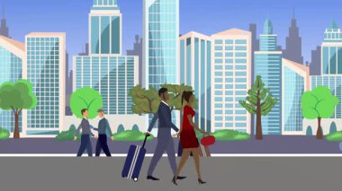 İnsanlar yürüyor, çizgi film karikatürleri dağılıyor, seyahat teması...