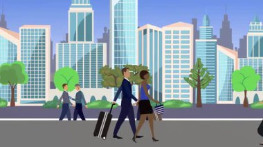 İnsanlar yürüyor, çizgi film karikatürleri dağılıyor, seyahat teması...