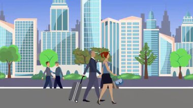 İnsanlar yürüyor, çizgi film karikatürleri dağılıyor, seyahat teması...