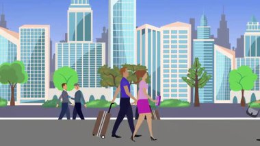 İnsanlar yürüyor, çizgi film karikatürleri dağılıyor, seyahat teması...