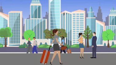 İnsanlar yürüyor, çizgi film karikatürleri dağılıyor, seyahat teması...