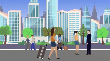 İnsanlar yürüyor, çizgi film karikatürleri dağılıyor, seyahat teması...