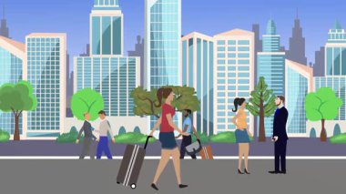 İnsanlar yürüyor, çizgi film karikatürleri dağılıyor, seyahat teması...