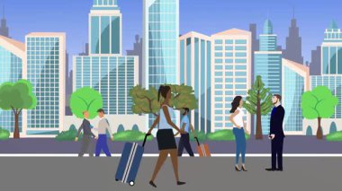 İnsanlar yürüyor, çizgi film karikatürleri dağılıyor, seyahat teması...