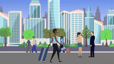 İnsanlar yürüyor, çizgi film karikatürleri dağılıyor, seyahat teması...