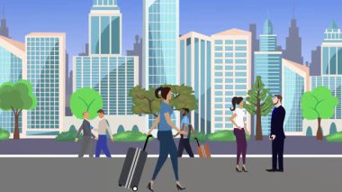 İnsanlar yürüyor, çizgi film karikatürleri dağılıyor, seyahat teması...