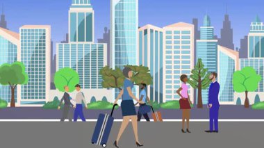 İnsanlar yürüyor, çizgi film karikatürleri dağılıyor, seyahat teması...