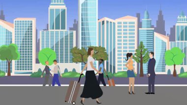 İnsanlar yürüyor, çizgi film karikatürleri dağılıyor, seyahat teması...