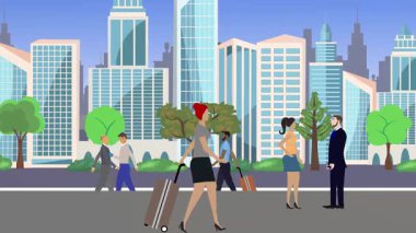 İnsanlar yürüyor, çizgi film karikatürleri dağılıyor, seyahat teması...