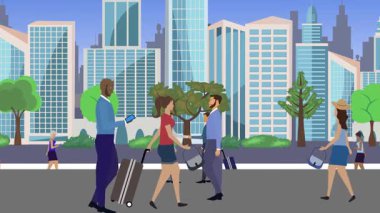 İnsanlar yürüyor, çizgi film karikatürleri dağılıyor, seyahat teması...