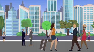 İnsanlar yürüyor, çizgi film karikatürleri dağılıyor, seyahat teması...