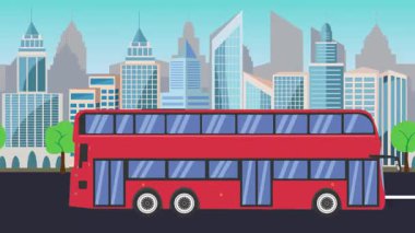 Şehrin önünde giden otomobil otobüsü, çizgi film animasyonu.