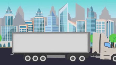 Bir şehrin önündeki yolda giden kamyon, çizgi film animasyonu.
