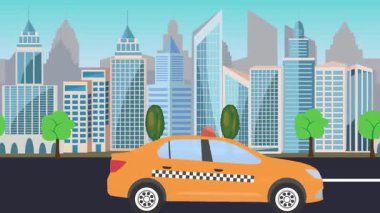 Bir şehrin önünde yolda giden taksi, çizgi film animasyonu.