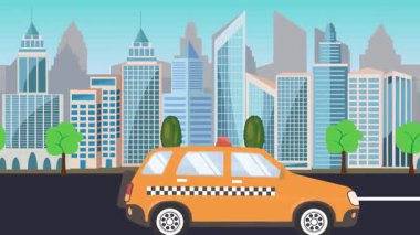 Bir şehrin önünde yolda giden taksi, çizgi film animasyonu.
