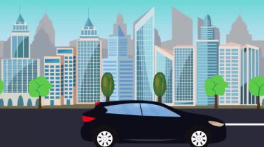 Şehrin önündeki yolda otomobil kullanmak, çizgi film animasyonu.