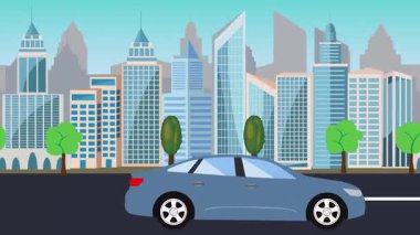 Şehrin önündeki yolda otomobil kullanmak, çizgi film animasyonu.