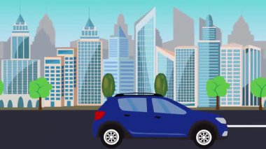 Şehrin önündeki yolda otomobil kullanmak, çizgi film animasyonu.