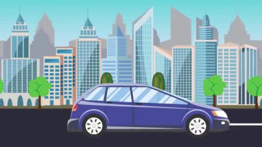 Şehrin önündeki yolda otomobil kullanmak, çizgi film animasyonu.