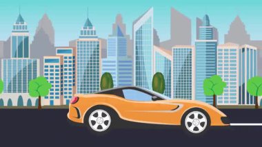 Şehrin önündeki yolda otomobil kullanmak, çizgi film animasyonu.
