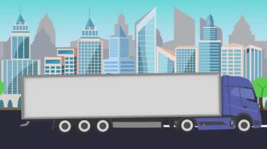 Bir şehrin önündeki yolda giden kamyon, çizgi film animasyonu.