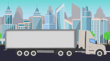 Bir şehrin önündeki yolda giden kamyon, çizgi film animasyonu.