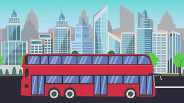 Şehrin önünde giden otomobil otobüsü, çizgi film animasyonu.