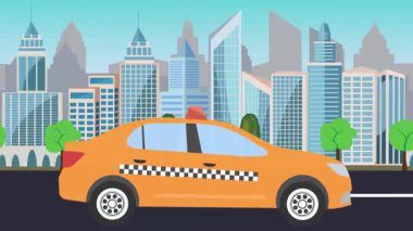 Bir şehrin önünde yolda giden taksi, çizgi film animasyonu.