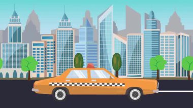 Bir şehrin önünde yolda giden taksi, çizgi film animasyonu.