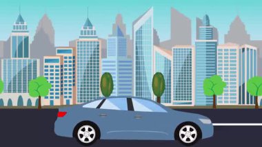 Şehrin önündeki yolda otomobil kullanmak, çizgi film animasyonu.