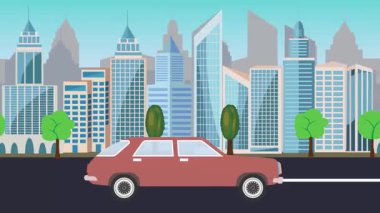 Şehrin önündeki yolda otomobil kullanmak, çizgi film animasyonu.