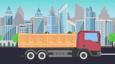 Bir şehrin önündeki yolda giden kamyon, çizgi film animasyonu.