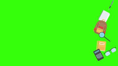 Yeşil ekranda okula geri dönen nesnelerin çizgi film animasyonu