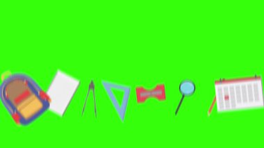 Yeşil ekranda okula geri dönen nesnelerin çizgi film animasyonu