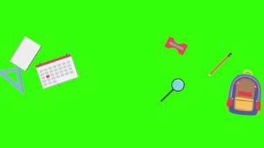 Yeşil ekranda okula geri dönen nesnelerin çizgi film animasyonu