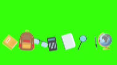 Yeşil ekranda okula geri dönen nesnelerin çizgi film animasyonu