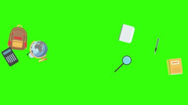 Yeşil ekranda okula geri dönen nesnelerin çizgi film animasyonu