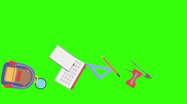 Yeşil ekranda okula geri dönen nesnelerin çizgi film animasyonu