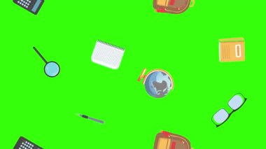 Yeşil ekranda okula geri dönen nesnelerin çizgi film animasyonu