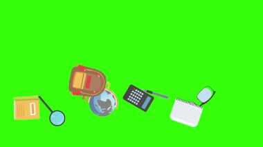 Yeşil ekranda okula geri dönen nesnelerin çizgi film animasyonu