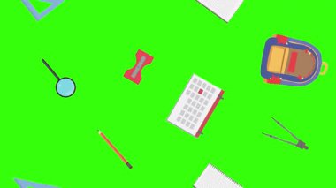 Yeşil ekranda okula geri dönen nesnelerin çizgi film animasyonu