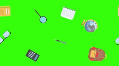 Yeşil ekranda okula geri dönen nesnelerin çizgi film animasyonu