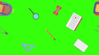 Yeşil ekranda okula geri dönen nesnelerin çizgi film animasyonu