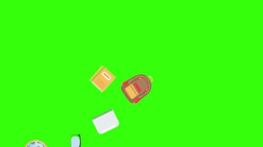 Yeşil ekranda okula geri dönen nesnelerin çizgi film animasyonu