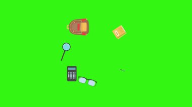 Yeşil ekranda okula geri dönen nesnelerin çizgi film animasyonu