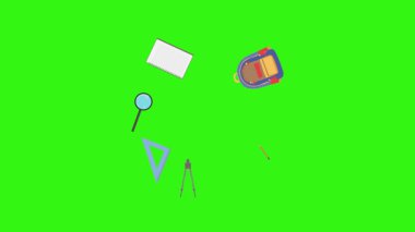 Yeşil ekranda okula geri dönen nesnelerin çizgi film animasyonu
