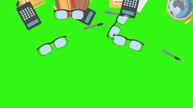 Yeşil ekranda okula geri dönen nesnelerin çizgi film animasyonu