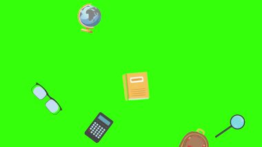 Yeşil ekranda okula geri dönen nesnelerin çizgi film animasyonu