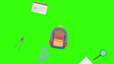 Yeşil ekranda okula geri dönen nesnelerin çizgi film animasyonu
